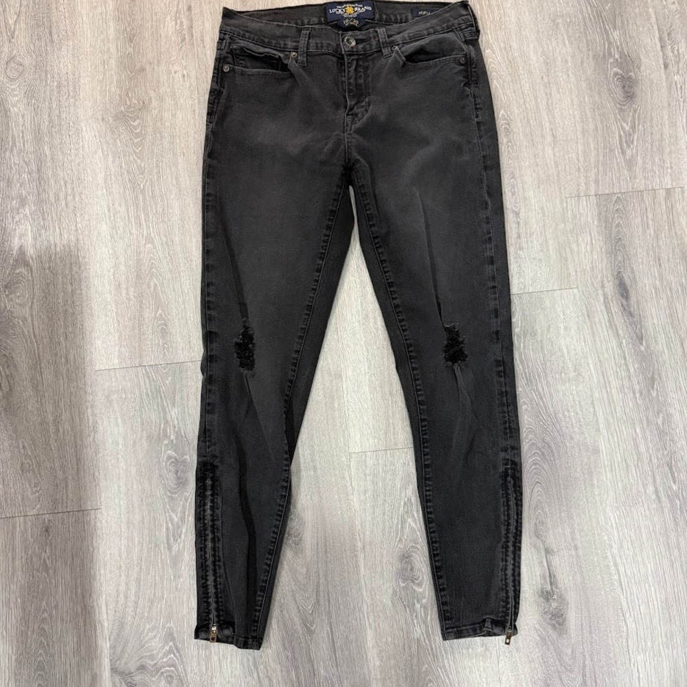 Lucky Brand Sofia‎ Skinny Jeans Womens 10/30 Faded Black Distressed Ankle Zip